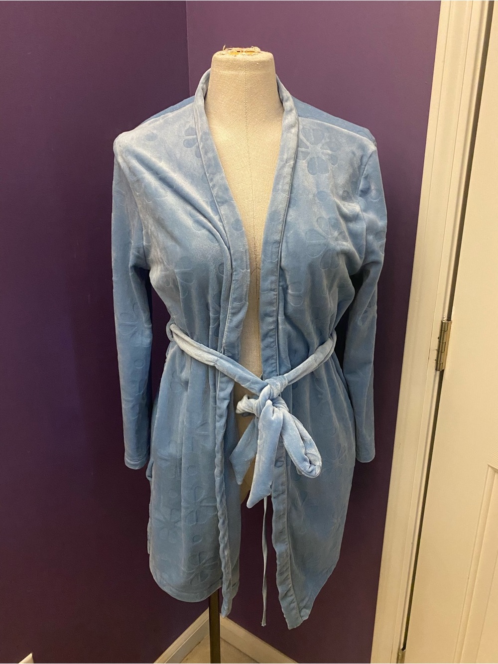 Kate Spade Floral Plush Fleece Robe XS/S Blue Short Soft Cozy Wrap Belted Pocket